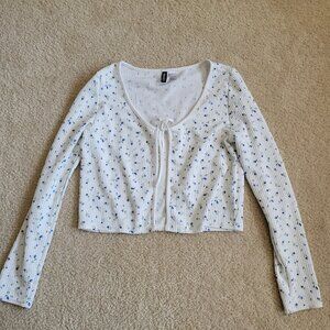 H&M Divided Coquette Floral Tie Front Ribbed Top Long Sleeve Size L
